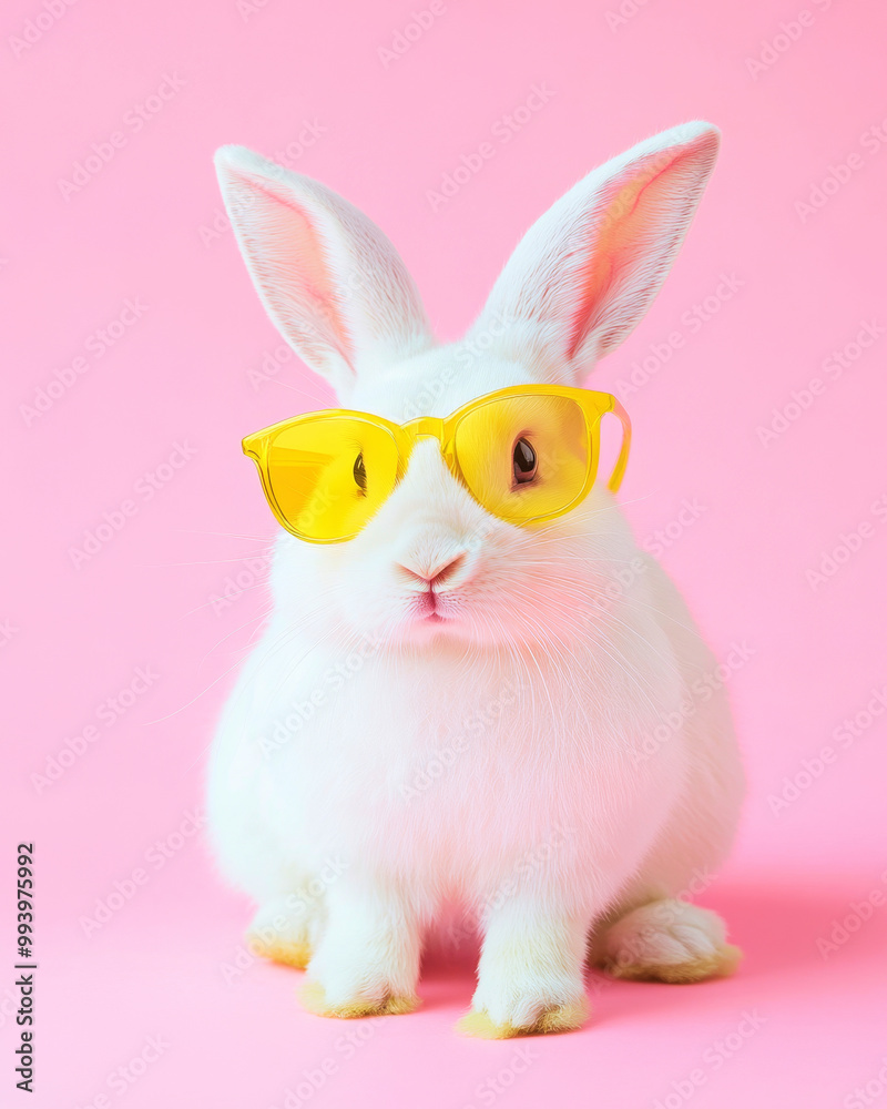 Fototapeta premium Cute white rabbit with yellow glasses on a pastel background for spring celebrations
