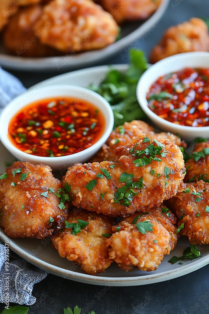 Crispy Fried Chicken Bites with Spicy Sweet Chili Sauce. Crispy Fried Chicken Bites with Spicy Sweet Chili Sauce.