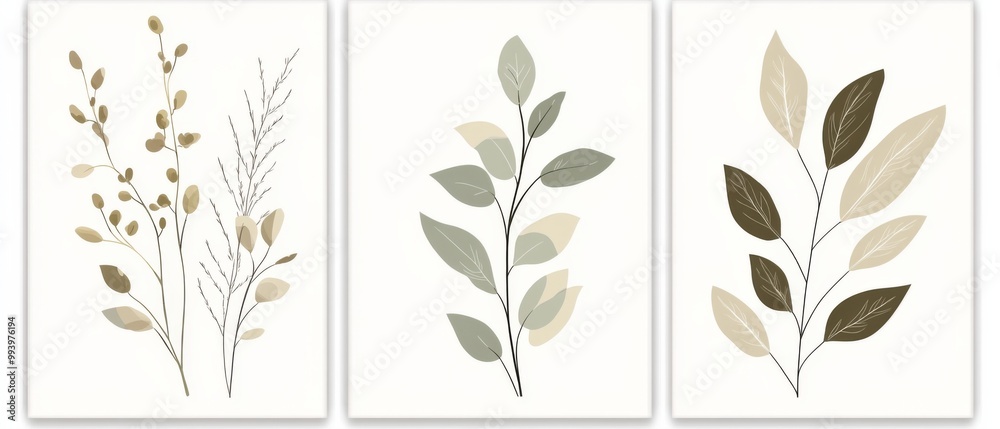 custom made wallpaper toronto digitalSet of three minimalist botanical wall art posters featuring abstract leaves and flowers in an olive green and grey-beige color palette.