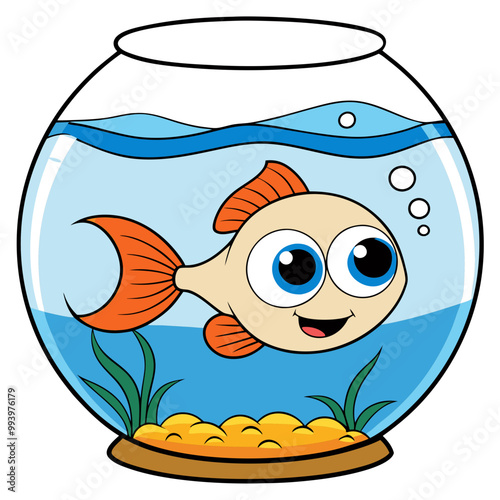 Cute illustration of a happy goldfish swimming in a fishbowl with vibrant colors.