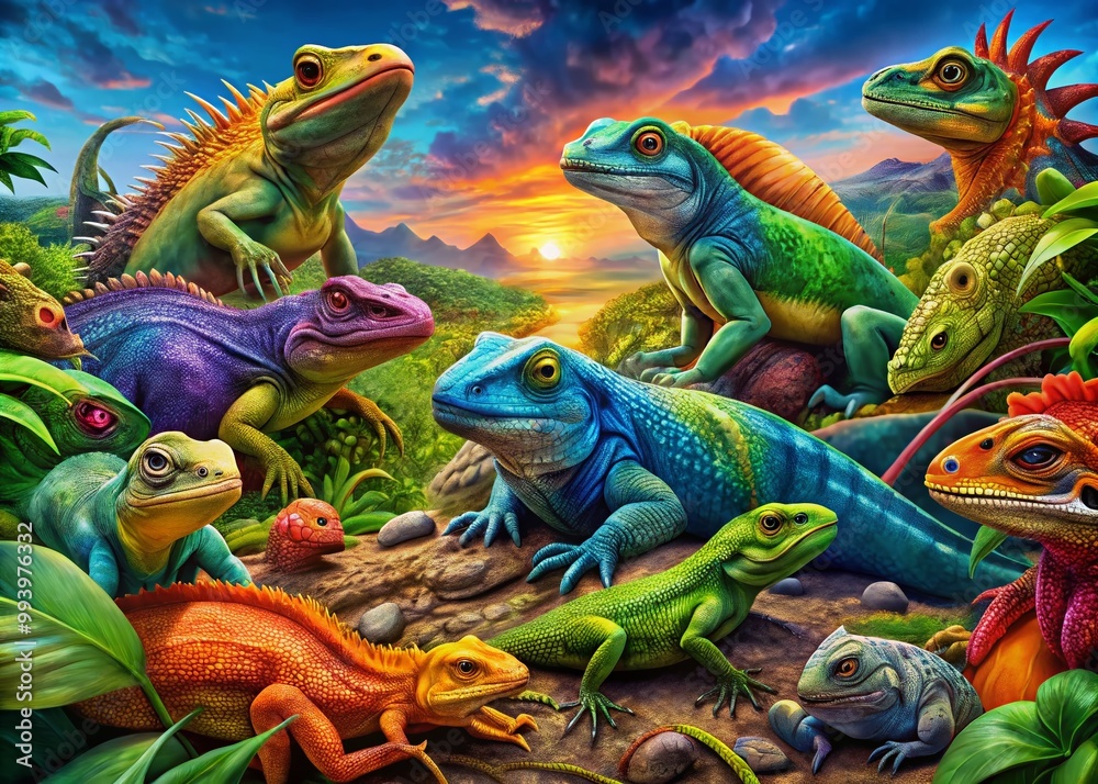 Obraz premium Colorful reptiles in their natural habitat showcasing the beauty and diversity of reptilian species