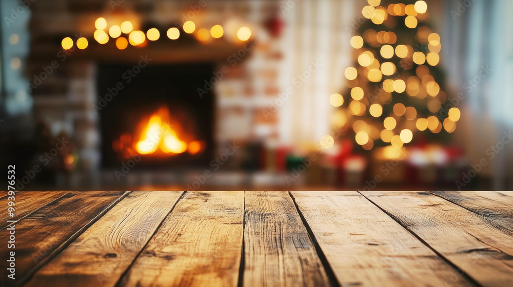 Cozy wooden table in a softly blurred Christmas living room with tree and fireplace Cozy wooden table in a softly blurred Christmas living room with tree and fireplace