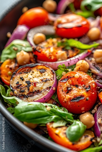 Grilled Tomato and Red Onion Salad with Chickpeas and Basil.