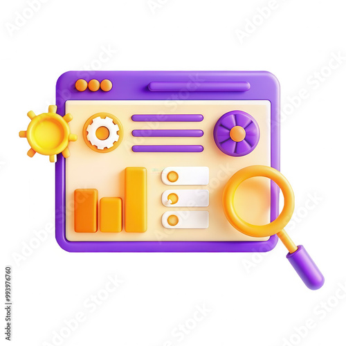 A 3D render of a colorful data analysis interface featuring graphs, settings, and magnifying glass, ideal for modern applications. photo