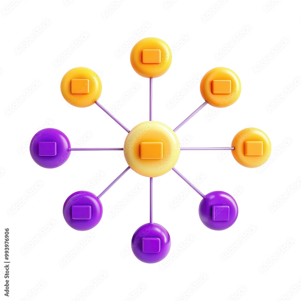A vibrant 3D model depicting a network structure with yellow, orange, and purple nodes and lines, isolated on a black background. A vibrant 3D model depicting a network structure with yellow, orange, and purple nodes and lines, isolated on a black background.