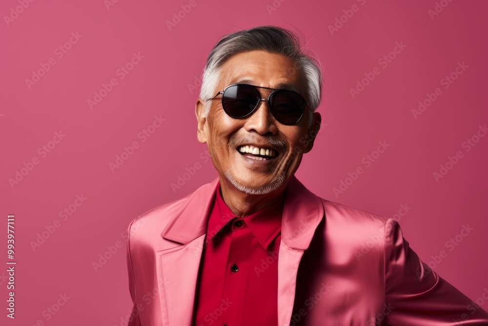 Portrait of a satisfied asian elderly man in his 90s wearing a trendy sunglasses in solid color backdrop Portrait of a satisfied asian elderly man in his 90s wearing a trendy sunglasses in solid color backdrop
