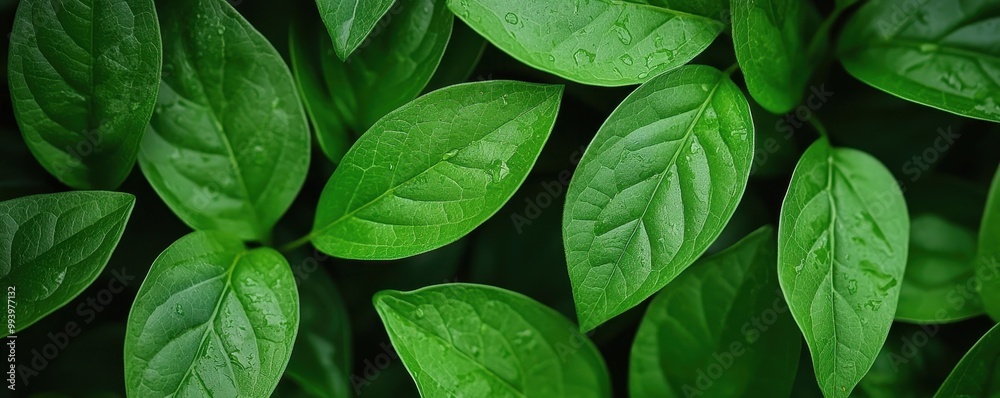 Green leaves with water droplets on a dark background, nature's beauty.