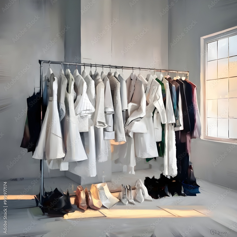 A modern minimalistic clothing rack filled with a variety of stylish garments A modern minimalistic clothing rack filled with a variety of stylish garments