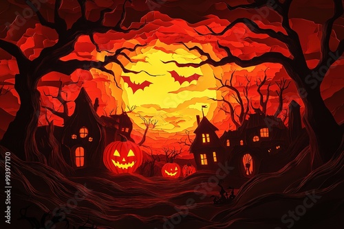 Halloween party background, full moon night illustration, Halloween pumpkin ghost, abandoned house, cemetery, bat, scary tree and Halloween elements Scary website Banner template Vector illustration photo