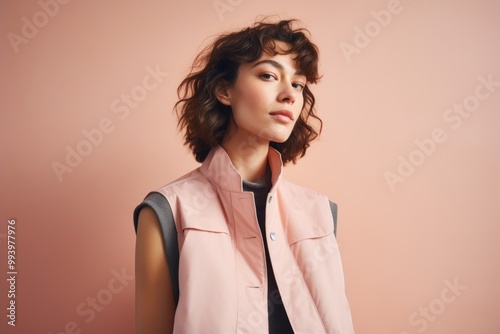 Portrait of a tender woman in her 30s dressed in a water-resistant gilet while standing against solid pastel color wall photo