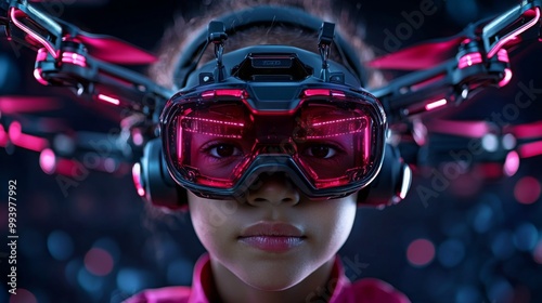 Young Girl with Futuristic VR Headset and Drone