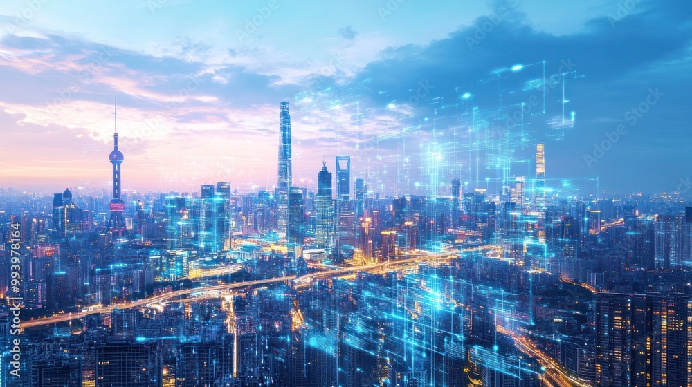 Fototapeta premium Modern Cityscape with Digital Network