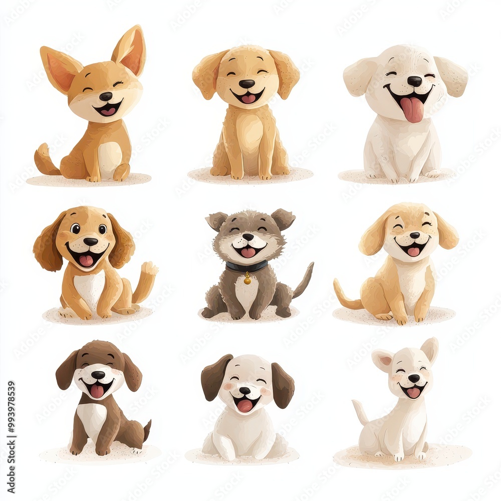Nine playful cartoon puppies with joyful expressions on a white isolated background. Nine playful cartoon puppies with joyful expressions on a white isolated background.