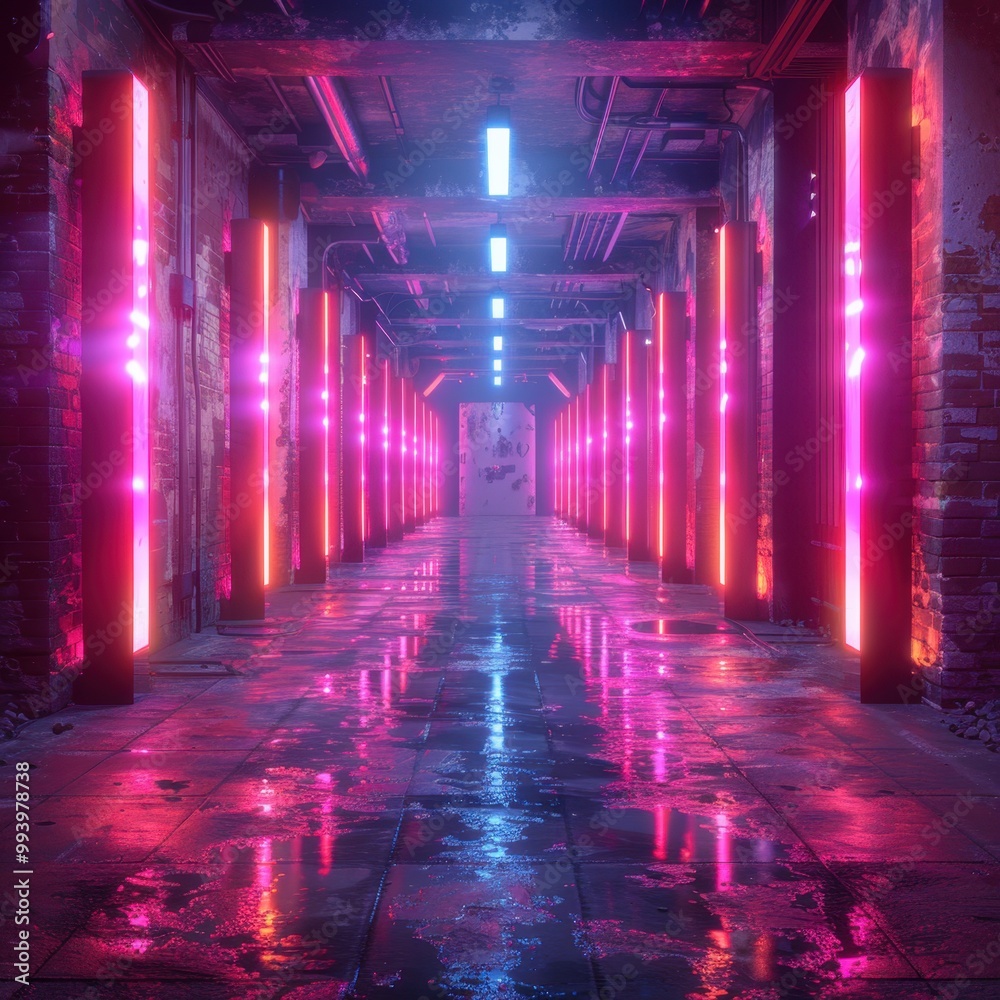 Futuristic equalizer bars in a neon-lit space. Futuristic equalizer bars in a neon-lit space.