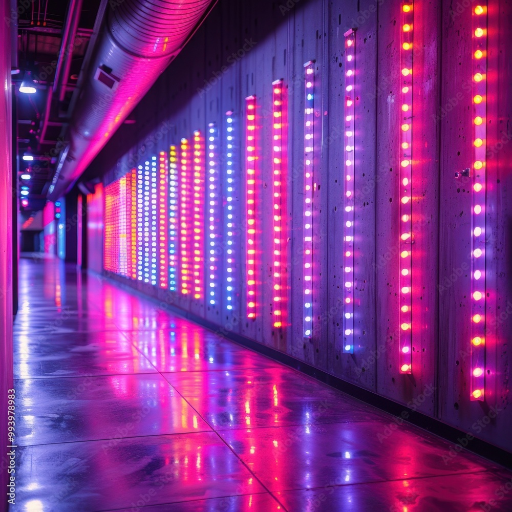 Futuristic equalizer bars in a neon-lit space. Futuristic equalizer bars in a neon-lit space.