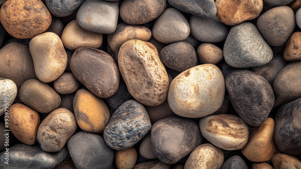 Variety of smooth river stones and pebbles in earthy colors