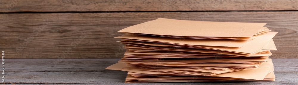 Stack of brown folders on a wooden desk surface, organized and ready for use. Stack of brown folders on a wooden desk surface, organized and ready for use.