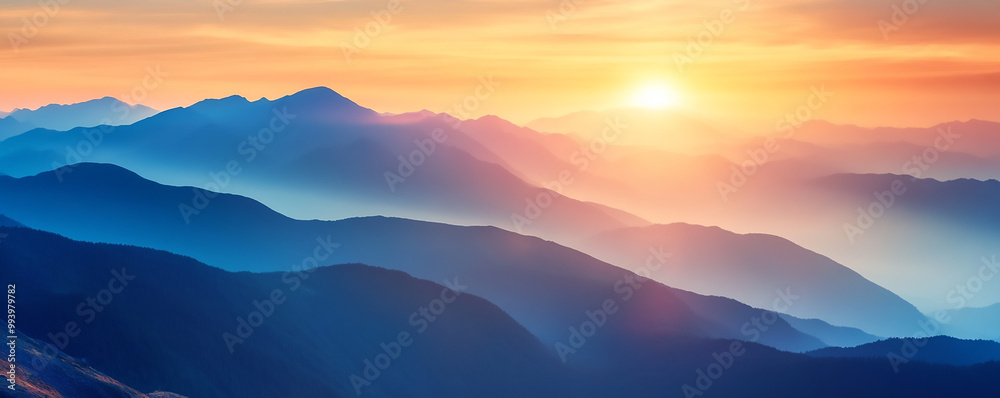 The majestic mountain landscape is bathed in the warm glow of the setting sun. The majestic mountain landscape is bathed in the warm glow of the setting sun.