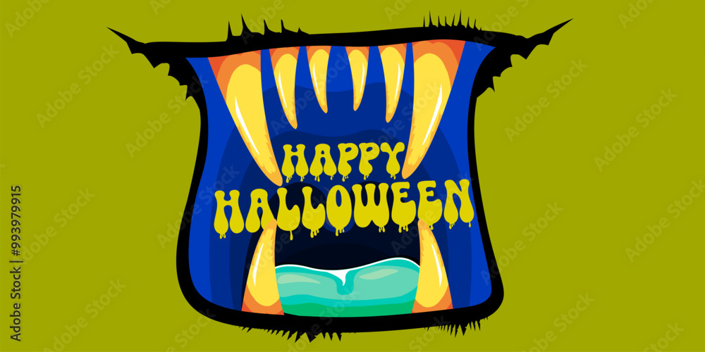 Naklejka premium Vector Happy halloween cartoon greeting card with funny zombie monster open mouth with rotten teeth isolated on green background. Vector Halloween poster and flyer with funny orange monster mouth.