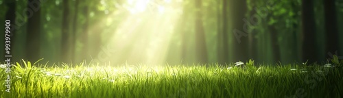 Sunlight filtering through lush trees illuminates a vibrant green forest floor.