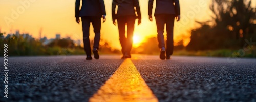 Three business professionals walking towards sunset on a road. photo