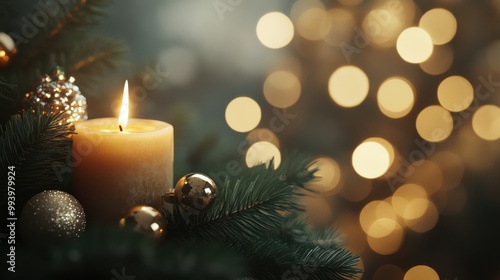 Christmas Candle, Ornaments, And Evergreen Branches Lit By Bokeh Lights