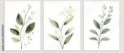 Set of three minimalist botanical wall art prints in neutral and sage green tones