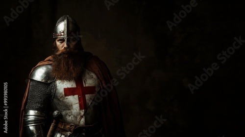 Medieval Knight with Sword in Hand in Dark Background Artistic Photography. Medieval Knight with Sword and Red Cross Emblem Posed Against Dark Background  Generative AI