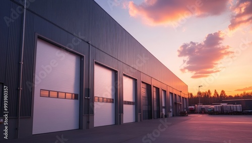 Modern industrial warehouse exterior at sunset with large doors and vibrant sky photo