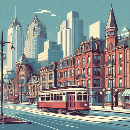 vintage streetcar rolling illustration 