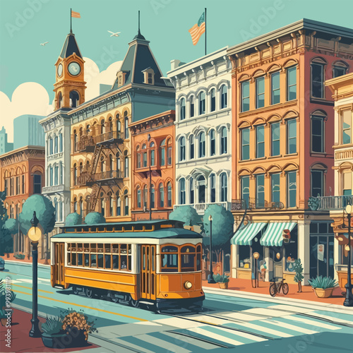 vintage streetcar rolling illustration 