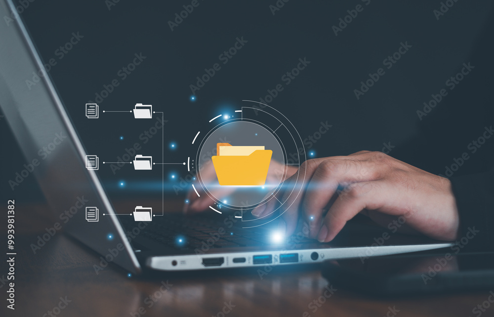Fototapeta premium Document Management System , online documentation database and process automation to efficiently manage files, knowledge and documentation in enterprise . Corporate business technology.