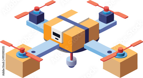 Isometric drone carrying boxes for shipping and logistics, modern delivery concept