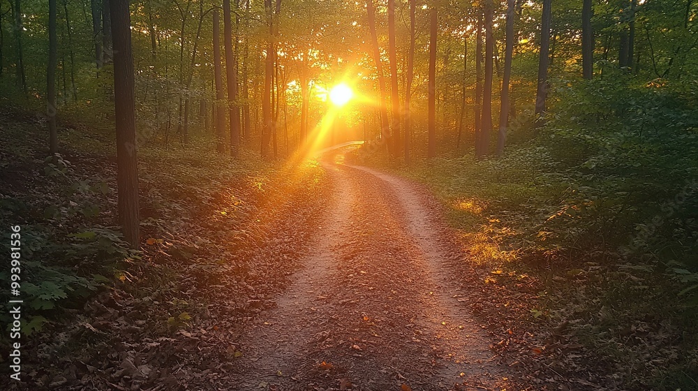Naklejka premium Radiant golden hour sunbeams illuminating a quiet forest path, nature's glow time, peaceful and inspiring landscape, serene atmosphere.