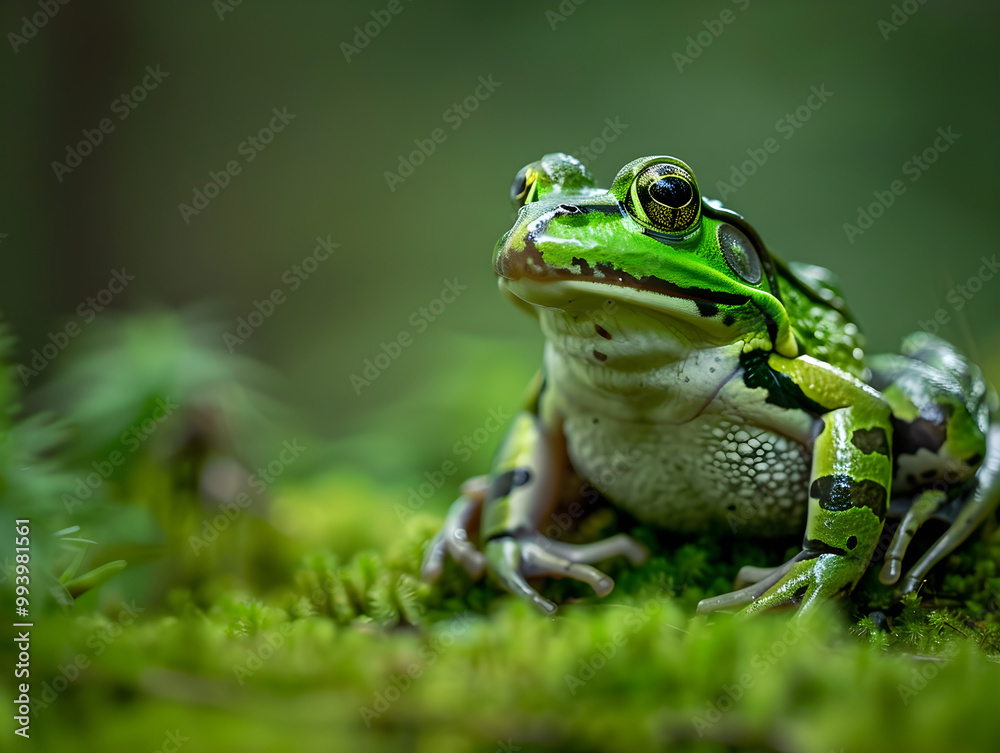 Vibrant green frog perched in a lush forest, blending seamlessly with its natural surroundings. Vibrant green frog perched in a lush forest, blending seamlessly with its natural surroundings.