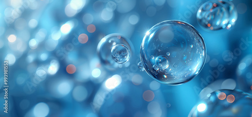 Transparency hydrogen bubbles on blue water background. Concept of technology and science. 3d medical illustrations
