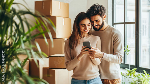 happy mixed race couple standing in new apartment against moving boxes, using smart phone. moving, real estate, new, home, relocation, transportation service, movers, delivery, rental photo