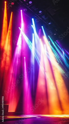 Rainbow-colored lights in vertical stripes, pulsating with intensity, vibrant and modern stage setup, energetic and eye-catching.