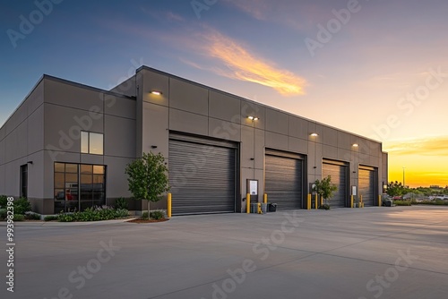 Modern industrial warehouse with large garage doors at sunset