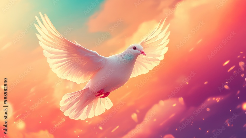 Fototapeta premium A dove flying through the sky, set against a colorful background, perfect for representing peace and optimism.
