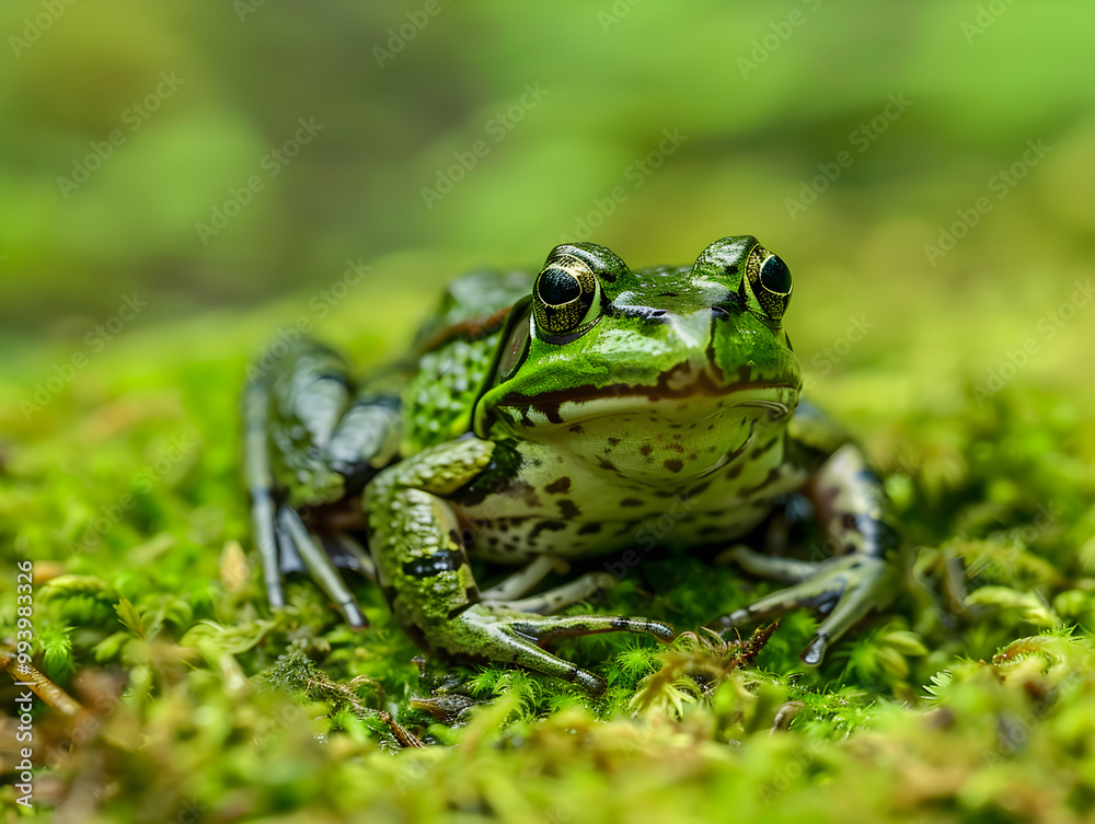A vibrant green frog perched on a mossy backdrop, styled in a modern aesthetic. A vibrant green frog perched on a mossy backdrop, styled in a modern aesthetic.