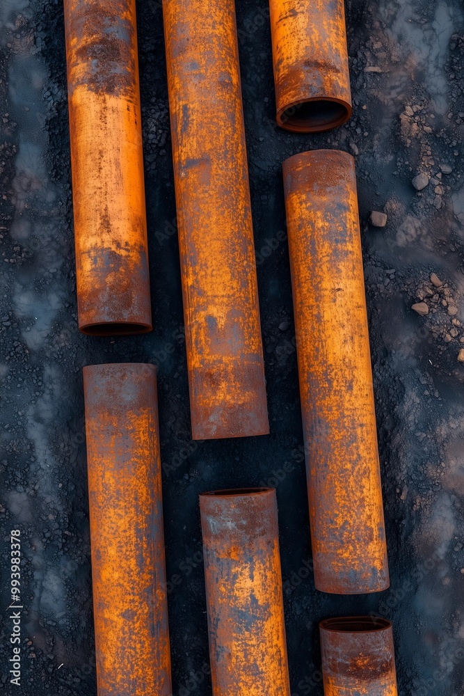 Aerial View of Vertical Metal Pipes in a Bustling Infrastructure Project Aerial View of Vertical Metal Pipes in a Bustling Infrastructure Project