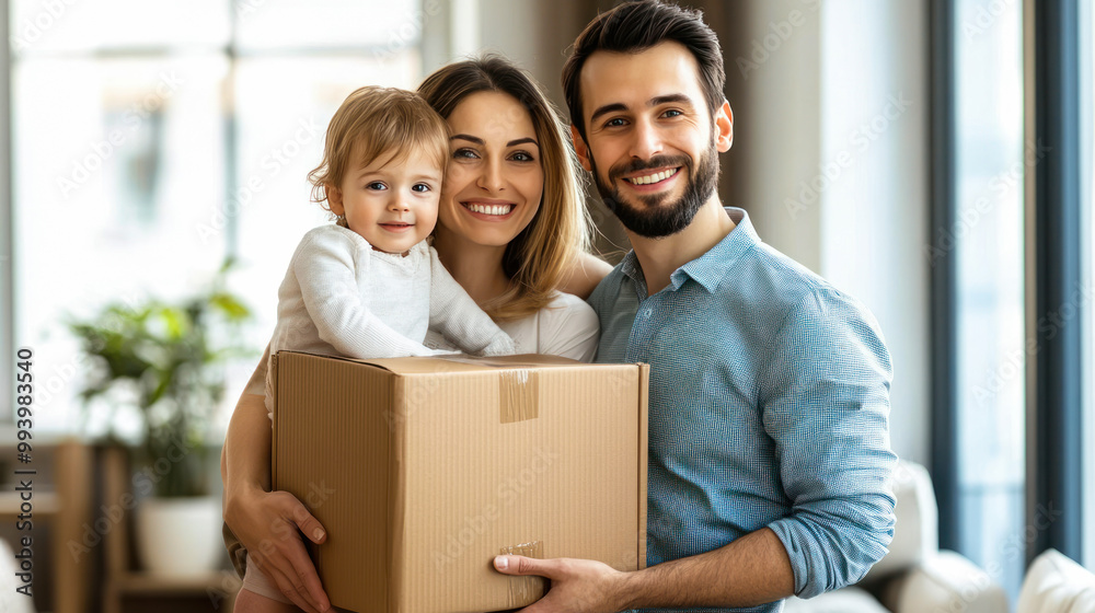 Happy family relocation to new apartment. Smiling man and woman holding big cardboard box with their child inside. Unpacking cardboard boxes. New home, rental real estate moving into apartment Happy family relocation to new apartment. Smiling man and woman holding big cardboard box with their child inside. Unpacking cardboard boxes. New home, rental real estate moving into apartment