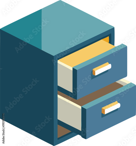 Isometric file cabinet with drawers open, office organization and storage illustration