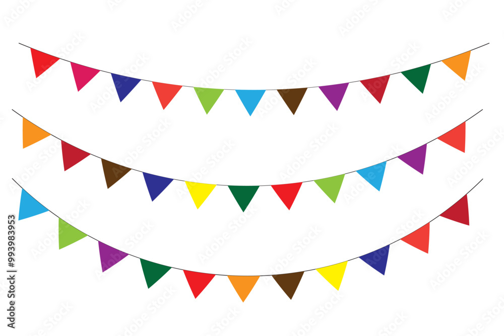 Colorful Party Flags on White Background.  Flat Design. Carnival decorations. Holiday background with hanging triangular colorful flags, Vector illustration isolated.