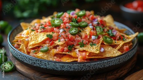 Delicious Plate of Nachos Topped with Melted Cheese and Spicy Jalapenos for Appetizing Snacking