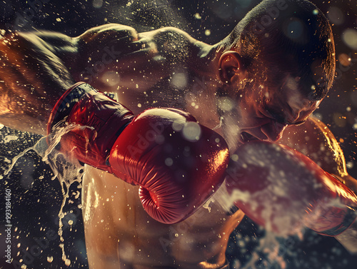 A powerful boxer trains amidst splashes of water, showcasing strength and determination with vibrant red gloves against a dramatic backdrop. photo