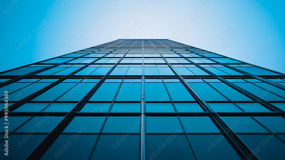 Reflective glass facade of a skyscraper against a blue sky with clouds. Reflective glass facade of a skyscraper against a blue sky with clouds.
