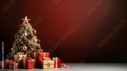 Festive Christmas tree with star on the top. Red and gold gift boxes on red background.