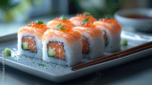 Delicious Plate of Sushi Rolls with Chopsticks on a Minimal White Background for Culinary Inspiration